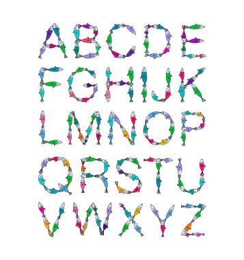 Alfabe abc harfli sardalyalar balık çizgi filmlerindeki minimalizmi oluşturuyor.