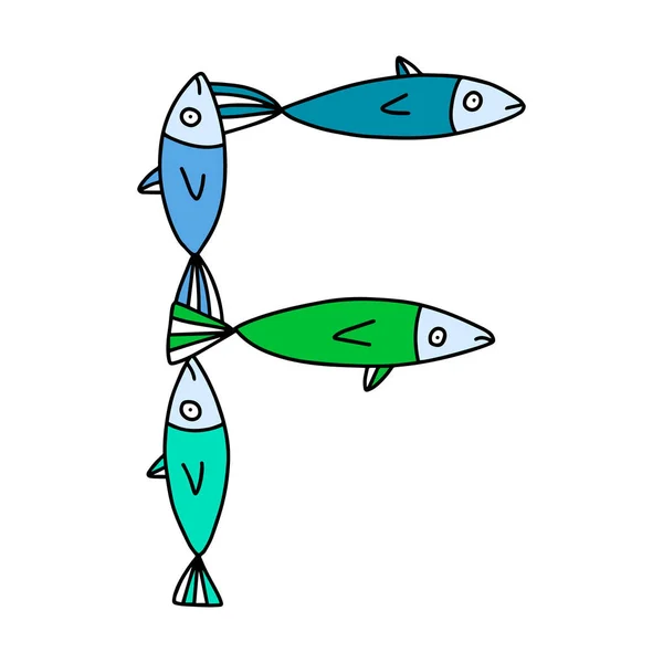 F písmeno ručně kreslené vektorové ilustrace sardinky formulář v karikaturním stylu — Stockový vektor