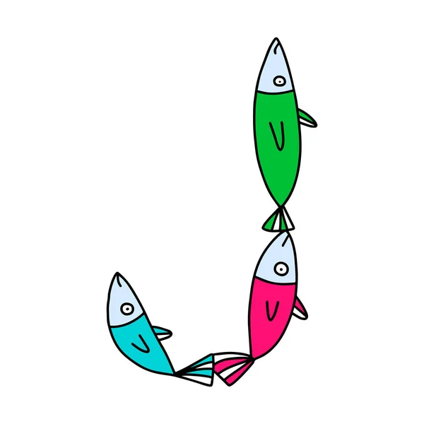J letter hand drawn vector illustration sardines form in cartoon style — Stock Vector