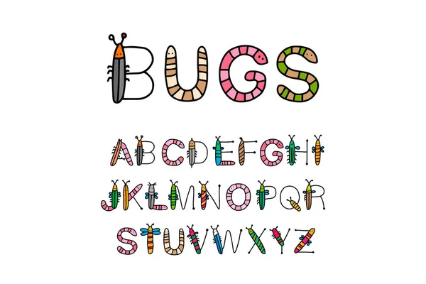 Bogarak kézzel rajzolt vektor betű ábécé rajzfilm stílusú rovarok abc gyerekeknek — Stock Vector