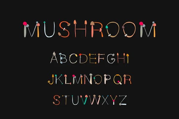 Paddenstoel hand getekend vector illustratie abc alfabet in cartoon stijl kleurrijke soorten planten — Stockvector