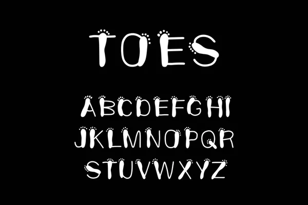 Dedos de los pies dibujado a mano vector ilustración abc alfabeto en estilo de dibujos animados blanco sobre negro — Archivo Imágenes Vectoriales