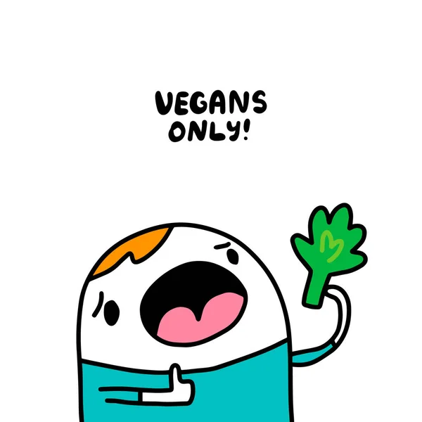 Veganer nur handgezeichnete Vektorplakat-Illustration im Comic-Stil Comic-Mann hloding Brokkoli-Schriftzug — Stockvektor