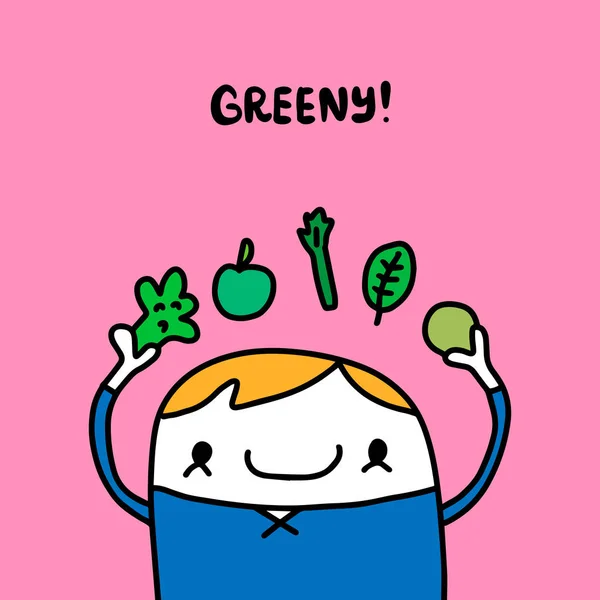 Groen met de hand getekend vector illustratie in cartoon stijl stripfiguur met broccoli sald shinach appel — Stockvector