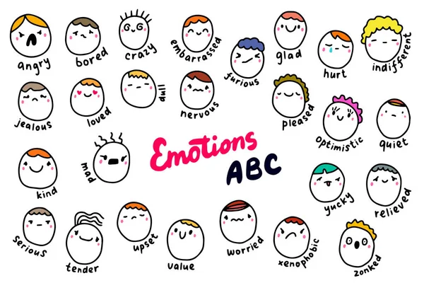 Emozioni abc illustrazione vettoriale disegnata a mano in stile fumetto. Persone teste con diversi tipi di sentimenti alfabeto colorato — Vettoriale Stock