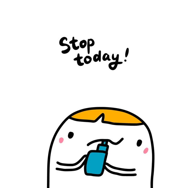 Stop smoking today hand drawn vector illustration in cartoon style. Man and vape — Stock vektor