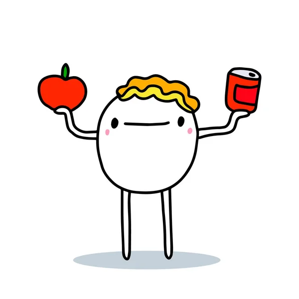 Cartoon man kiezen tussen verse tomaat groente en ingeblikt voedsel hand getekend vector illustratie — Stockvector