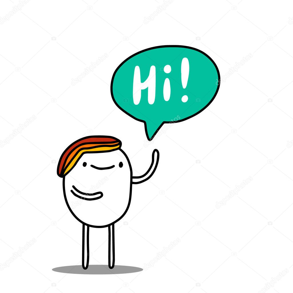 Hi hand drawn vector illustration in cartoon comic style man saying bubble