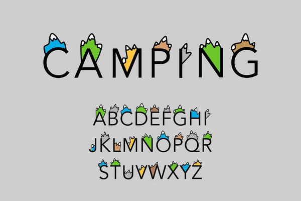 Camping mano dibujado tipo vector de fuente en las montañas de dibujos animados de estilo cómico con colinas de nieve — Vector de stock