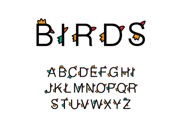 Vogels hand getekend vector lettertype type in cartoon comic stijl vleugel en snavel — Stockvector