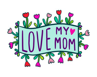 Annemin el çizimi vektör illüstrasyonunu karikatür karalama stili çiçek açan etiket parlak renkler