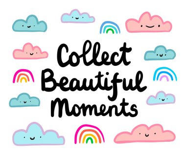 Çizgi film karikatür tarzı gökkuşağı renkli renkli bulutlarda el çizimi vektör illüstrasyonunu toplayın