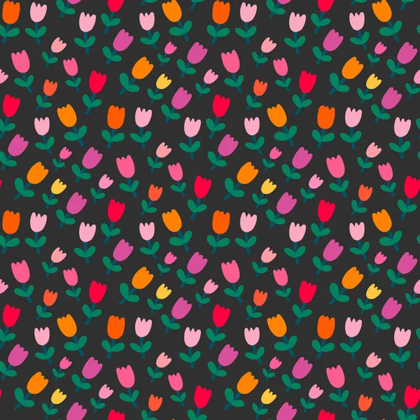 Tuin van tulpen hand getekend vector naadloos patroon in cartoon stripverhaal abstracte stijl — Stockvector