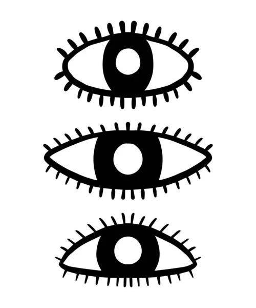 Tres símbolos de ojos dibujados a mano en estilo de dibujos animados. Logotipo de icono de ilustración de Doodle — Vector de stock