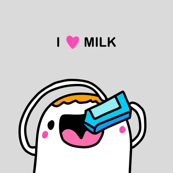 Λατρεύω το χέρι του γάλακτος που διανυσματική απεικόνιση σε κινούμενα σχέδια doodle άνθρωπος ανοίγει το στόμα πόσιμο — Διανυσματικό Αρχείο