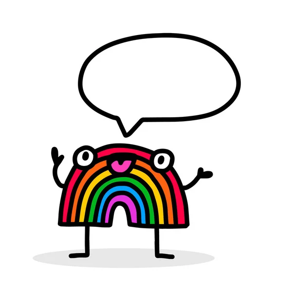 Regenbogenfigur und Sprechblase handgezeichnete Vektor-Illustration im Cartoon-Doodle-Stil — Stockvektor