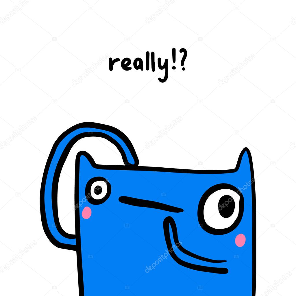 Really hand drawn vector illustration in cartoon doodle style blue cat question