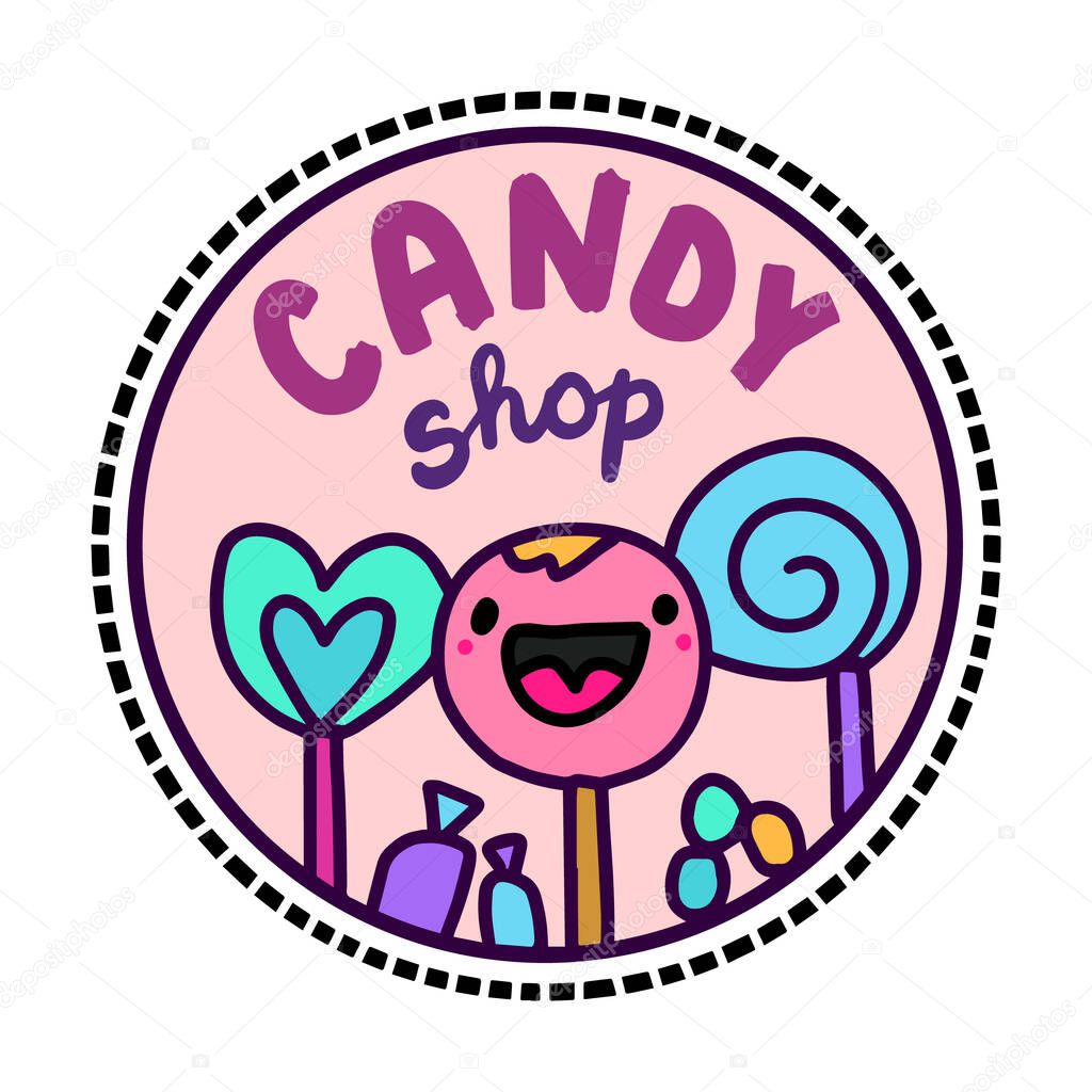 Candy shop hand drawn vector illustration in cartoon doodle style cheerful desserts smiling logo