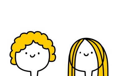 Kadın kıvırcık ve düz uzun saç stili çizgi film tarzında değişir.