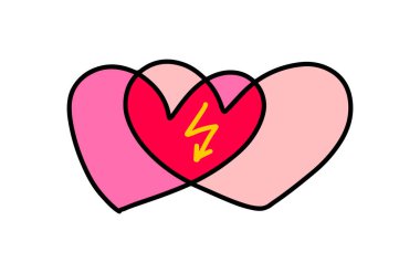 İki kalp birleştirme el çizimi vektör illüstrasyonunda çizgi film karalama stili yıldırım arasındaki ilişkiler