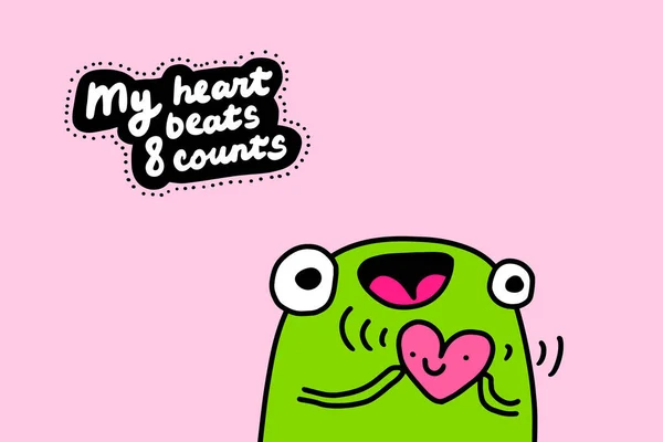 私の心は8カウント手描きベクトルイラストで漫画の落書きスタイルカエル幸せな保持シンボル笑顔ピンク — ストックベクタ