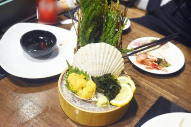 Taze uni veya deniz kestanesi sashimi oba yaprağı ve buz üzerinde kabuk üzerinde servis, geleneksel Japon gıda wasabi ve shoyu sos dap ile yemek.