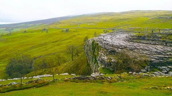 Limestone of cliff and landscape of green gasses at Malham cove