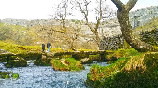 Agua Línea Del Arroyo Frente Malham Cove Una Gran Piedra —  Fotos de Stock