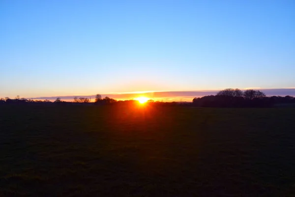 Schöner Sonnenuntergang Blauer Himmel Baumsilhouette Neben Sonnenschein — Stockfoto