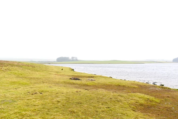 View Water Middle Green Grass Field Morning Fog Malham Tarn — Stock Photo, Image