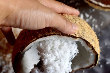 Geleneksel Tayland usulü hindistan cevizi rendeleyici kullanarak hindistan cevizi rendeliyor..