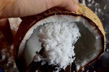 Geleneksel Tayland usulü hindistan cevizi rendeleyici kullanarak hindistan cevizi rendeliyor..