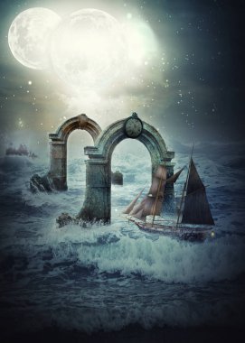 The fortune hunter sailboat leads her way to a treasure island under two mysterious stone arches. It is the only safe passage across dangerous rocky rough waters of the alien ocean. The two full bright moons illuminate the sky.  clipart