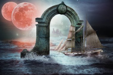 An sail ship heads toward the entrance arch to the distant port seen far on the horizon. The waves splash over the grey stone arch with a round clock on the top. The two red moons shine brightly in the sky. clipart