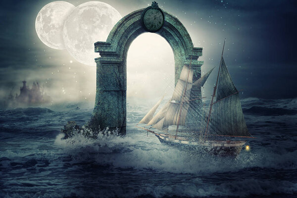 The heavy swell runs over the night sea and clashes over the grey granite ancient arch standing the middle of the sea. A small two masts clipper makes her way through the water splashes towards the arch. The contour of the mysterious port is seen.