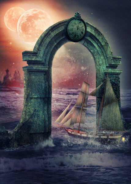 Scientific sailboat approaches the entrance to parallel universe fighting the disturbance of sea. The clock on the granite arch strikes midnight only few seconds left. But the voyage is a disaster two red moons predict the wreck.