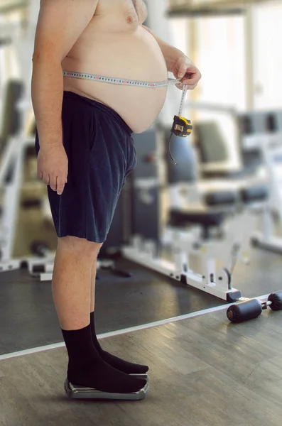 Fat Gut Middle Age Man Trunks Black Socks Stands Scale — Stock Photo, Image