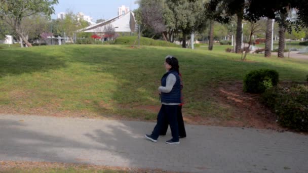 Figlia Premurosa Cammina Con Una Madre Anziana Nel Parco Badante — Video Stock