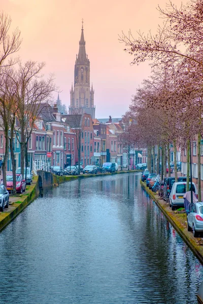 Evening View Canal Church Delft Amsterdam Dutch City Spring Sunset — Stock Photo, Image