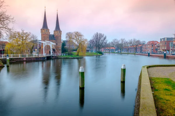 Evening View Canal Vve Oostpoort Delft Dutch City Spring Sunset — Stock Photo, Image