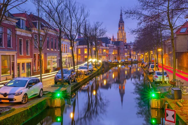 Evening View Canal Church Delft Amsterdam Dutch City Spring Sunset — Stock Photo, Image