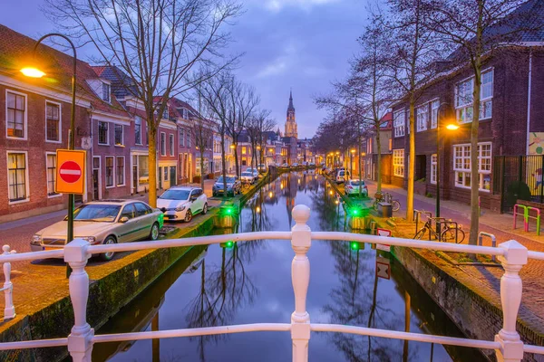 Vue Soir Sur Canal Église Delft Près Amsterdam Ville Hollandaise — Photo