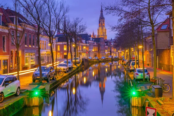 Evening View Canal Church Delft Amsterdam Dutch City Spring Sunset — Stock Photo, Image