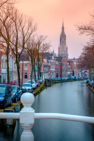 Evening View Canal Church Delft Amsterdam Dutch City Spring Sunset — Stock Photo, Image