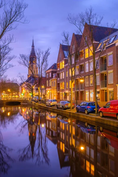 Evening View Canal Church Delft Amsterdam Dutch City Spring Sunset — Stock Photo, Image