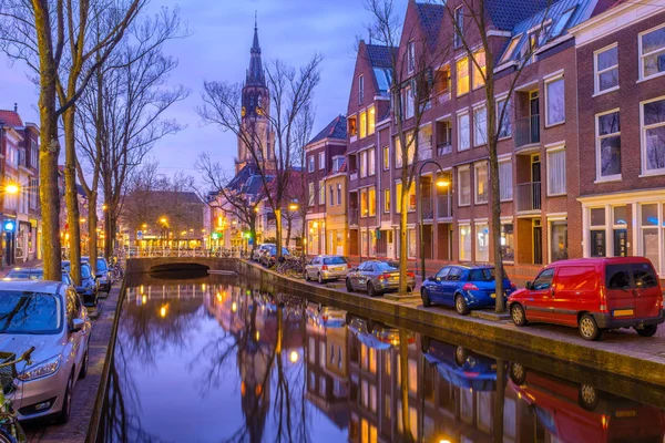 Evening View Canal Church Delft Amsterdam Dutch City Spring Sunset — Stock Photo, Image