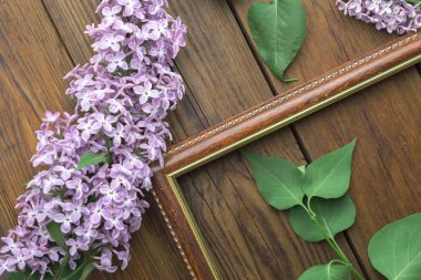 Ahşap arka plan üzerinde leylak çiçekleri ile Vintage çerçeve, bahar konsepti