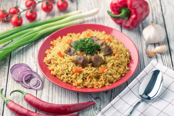 Plate Homemade Pilaf Dish Meat Vegetables — Stock Photo, Image