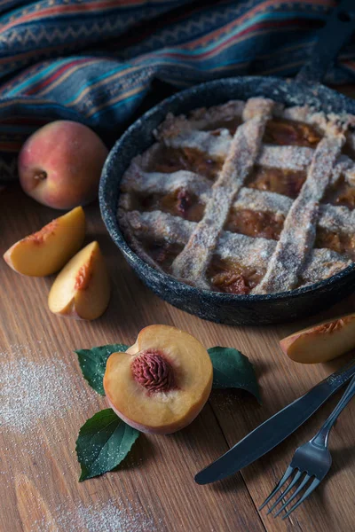 Fresh Homemade Peach Pie Table Fresh Fruit — Stock Photo, Image