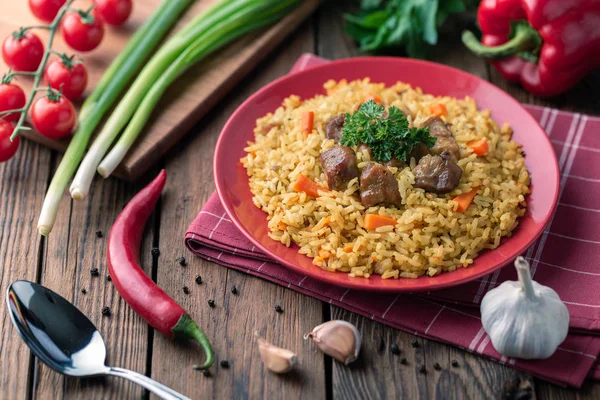 Plate Homemade Pilaf Dish Meat Vegetables — Stock Photo, Image